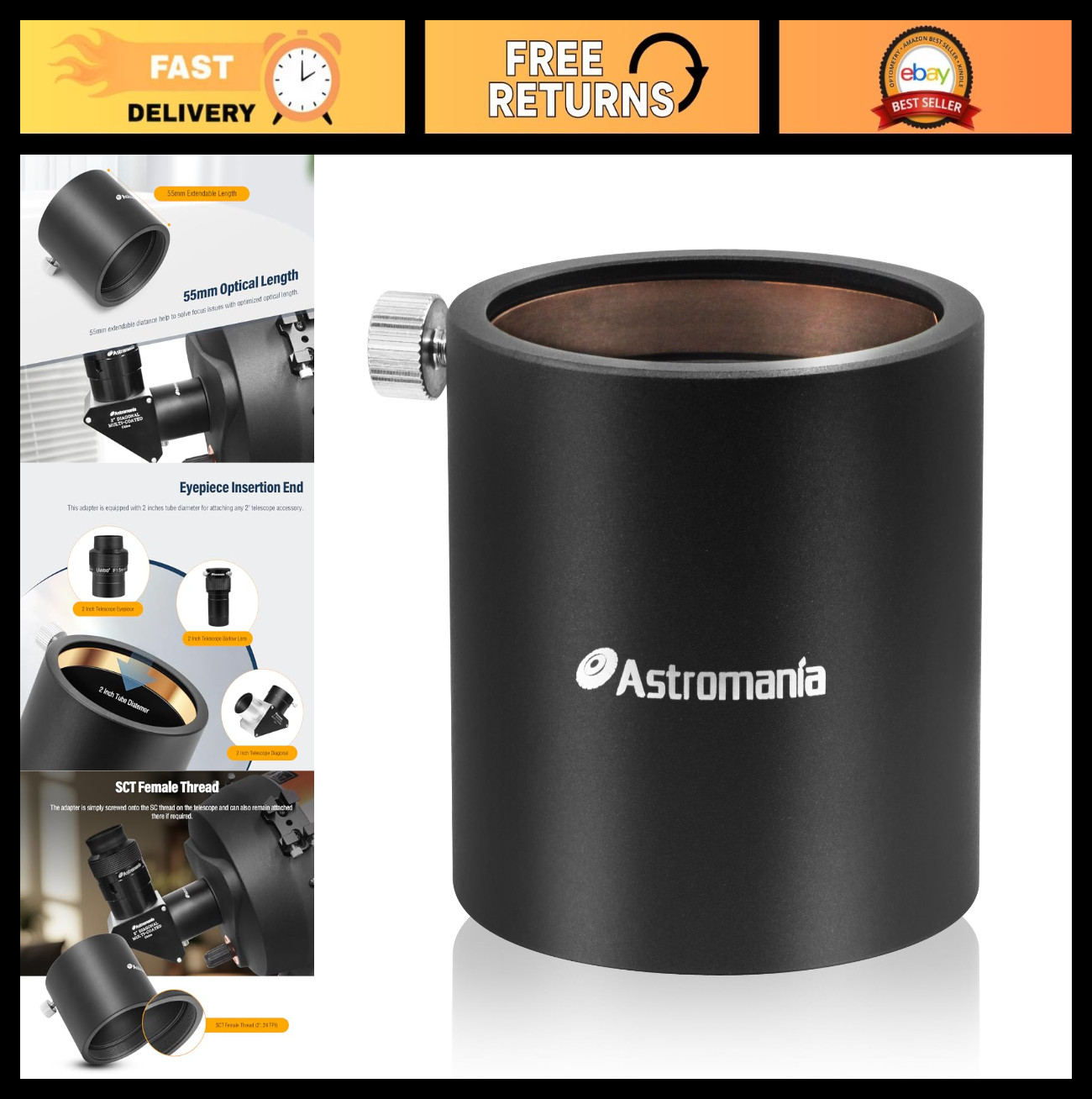 2" SCT Telescope Adapter for Schmidt Cassegrain - Use 2" Eyepieces, Diagonals &