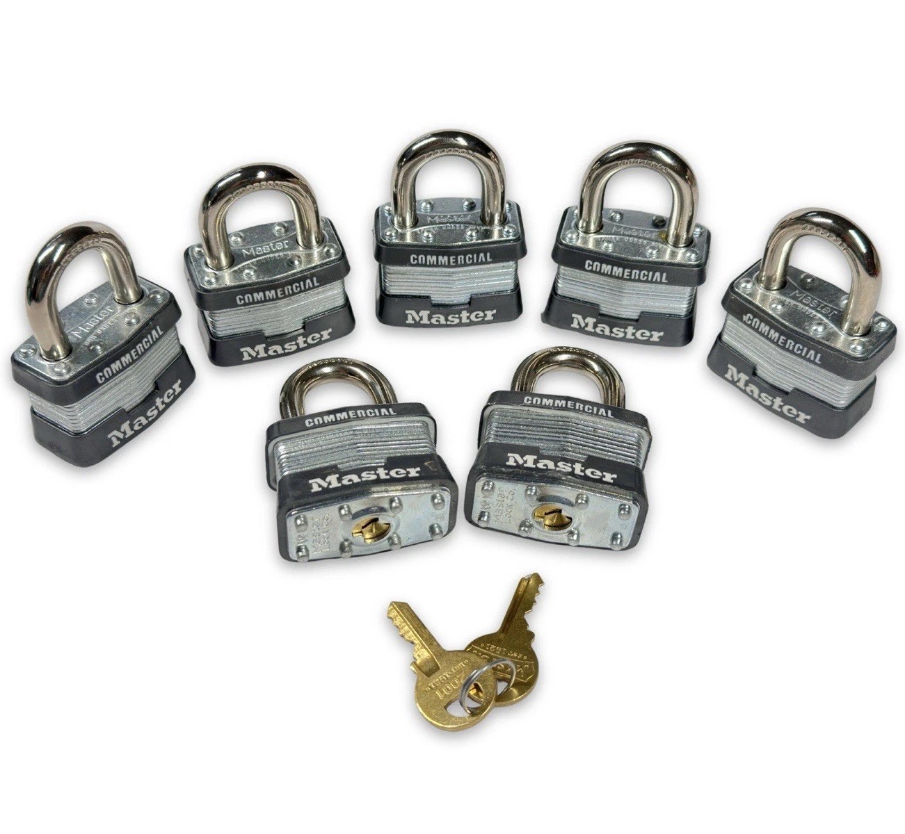 Lot of 7 Master Lock #1KA-2001 1-3/4” Laminated Steel Padlocks Keyed Alike