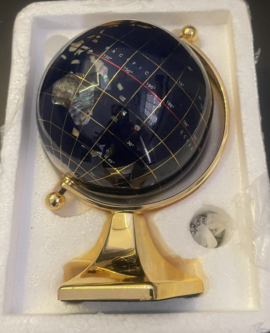 GLOBE Blue Lapis Semi Precious Inlaid Gemstones & Brass Stand Desktop 5.5"