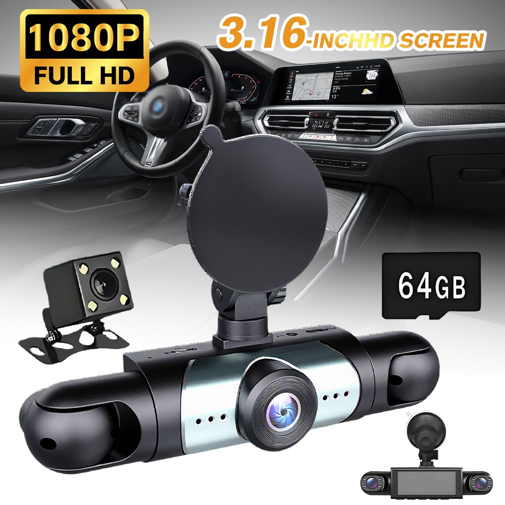 4 Channel Dash Cam Front Rear Inside Left Right 360° View Car Camera HD 1080P