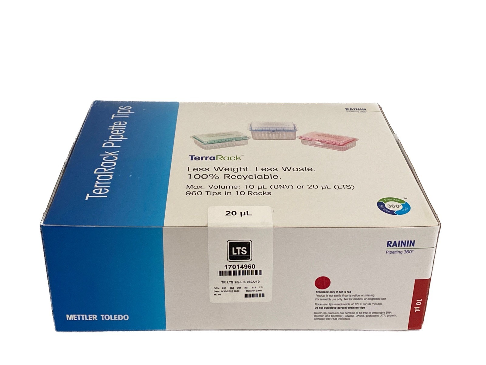 (960/Pk) METTLER Rainin 20uL TerraRack LTS LiteTouch Pipette Tips 96/Rk 17014960