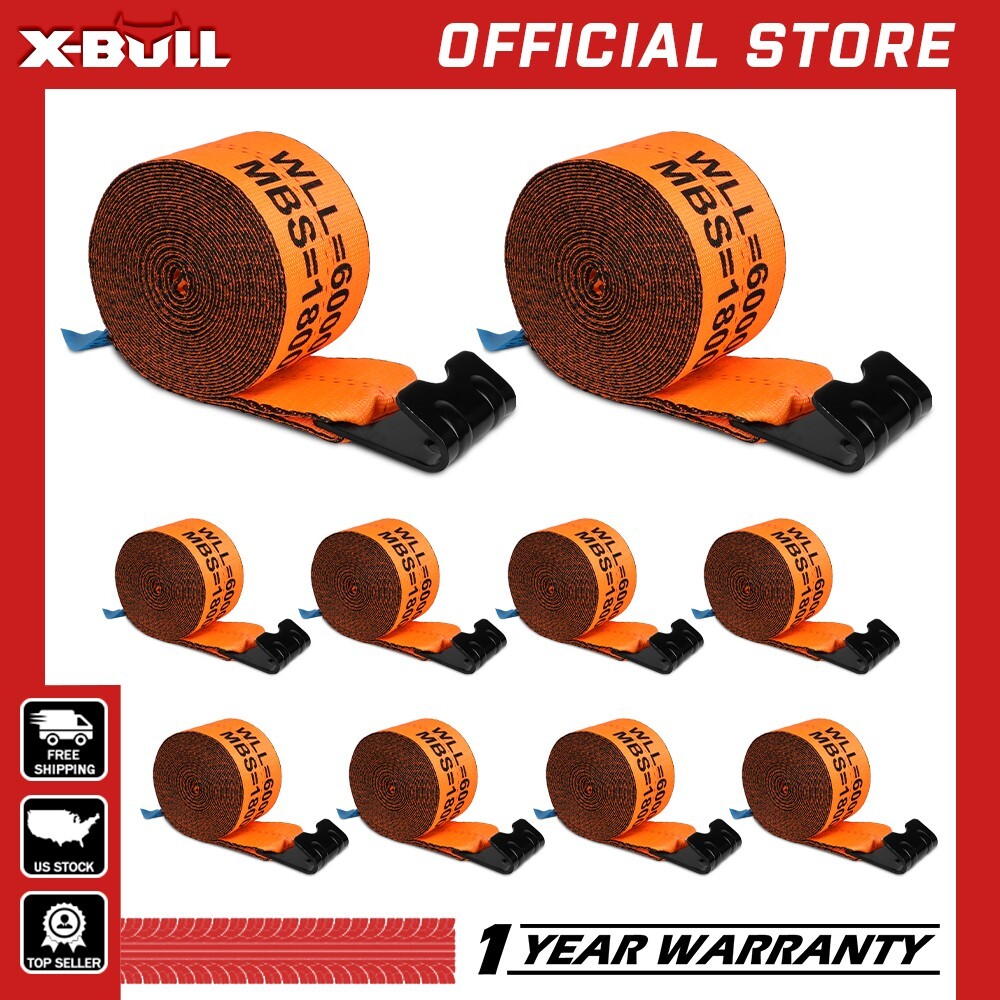 X-BULL 10 Pack 4" x 30' Winch Truck Straps w/Flat Hook Towing 18000 lbs Orange