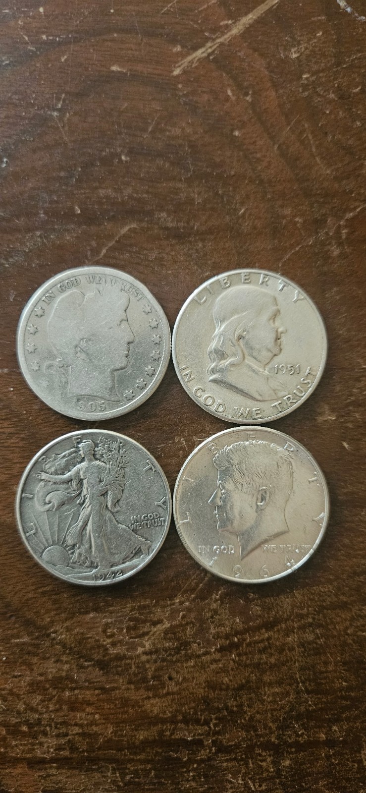 Lot of 4 1905S–1964 90% Silver Half Dollars – Mixed Dates