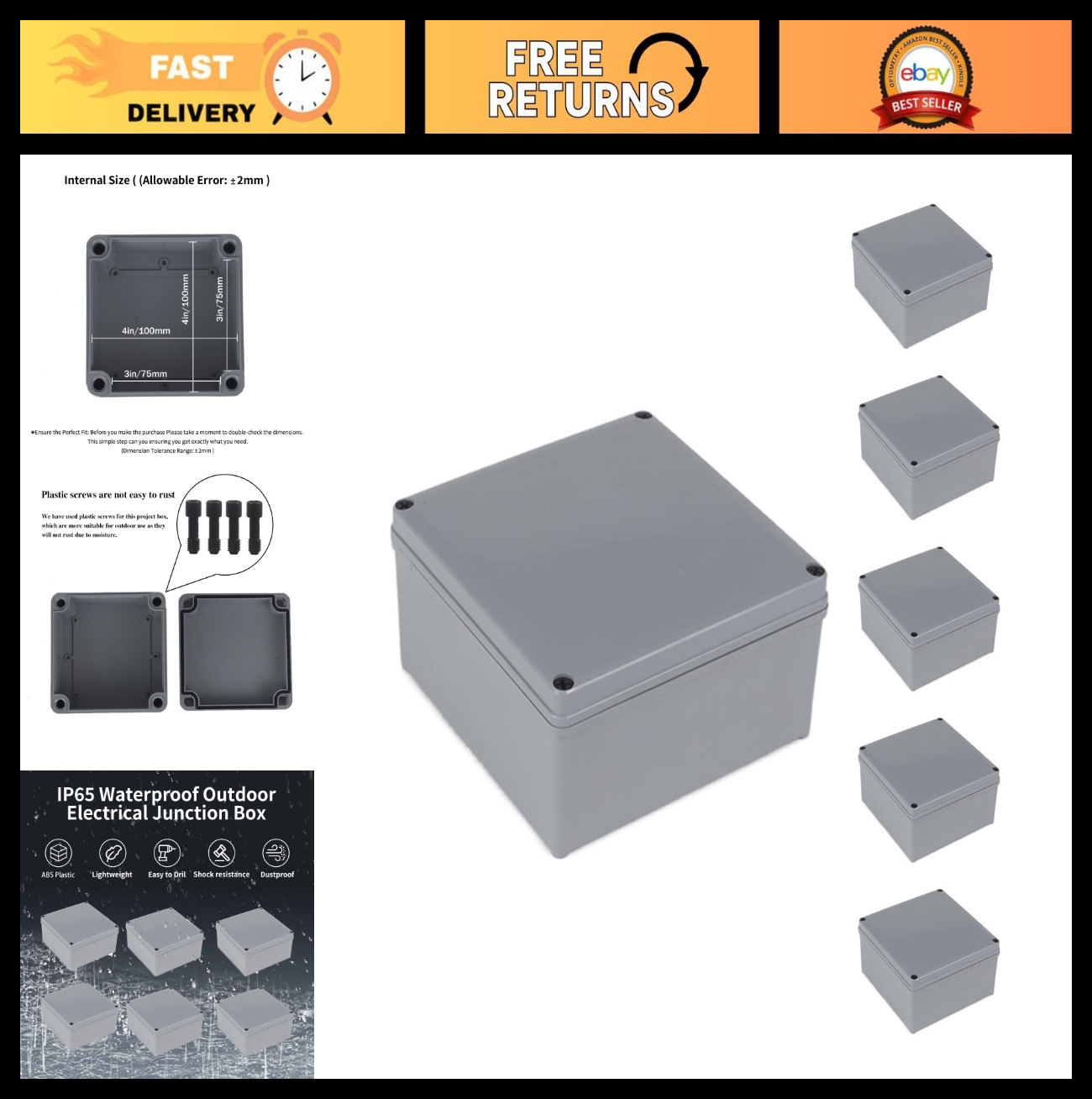 6 Pack Waterproof Junction Box 4"x4"x3" IP65 Dustproof Electrical Enclosure