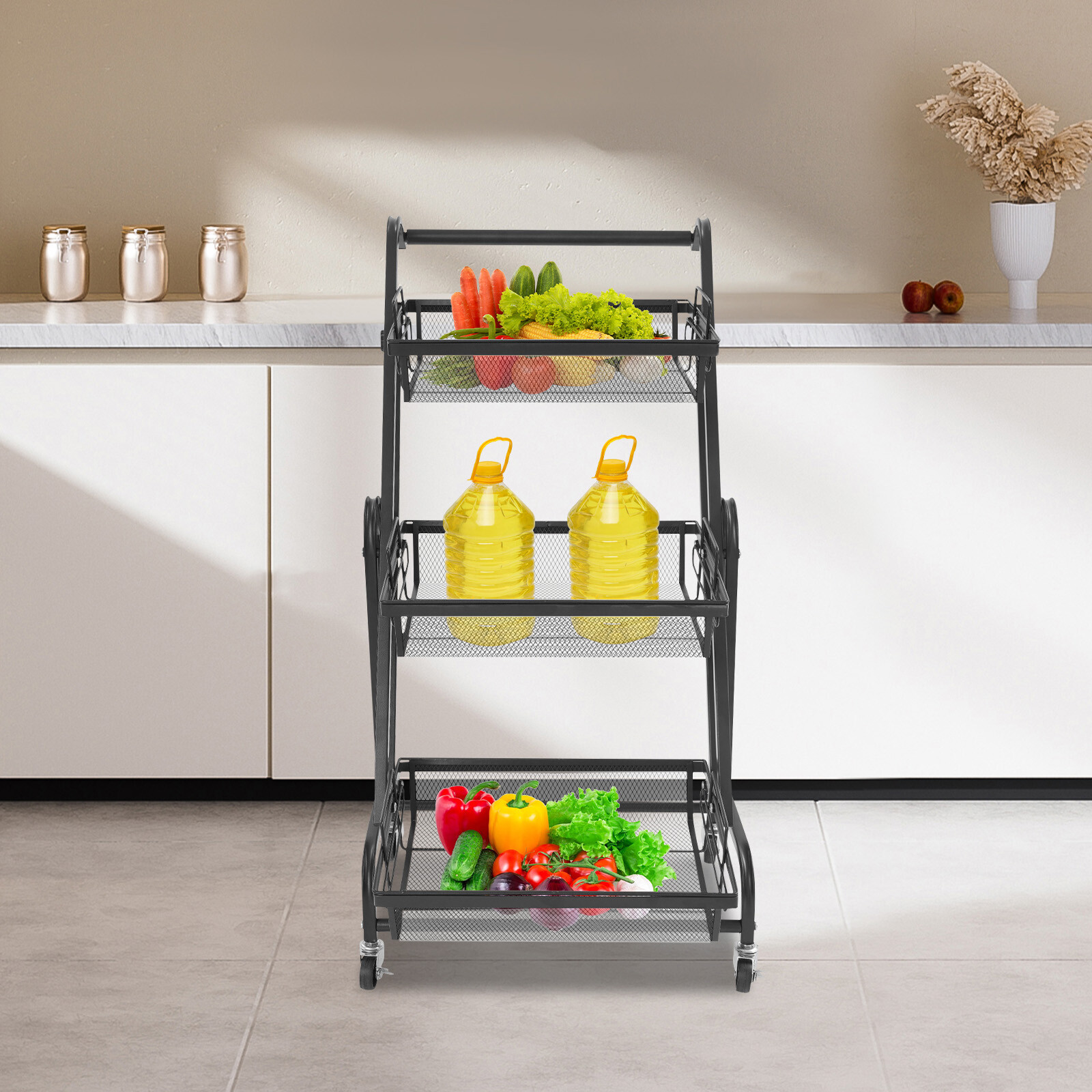 3-Tier Adjustable Metal Rolling Utility Cart, Multi-Functional Storage Cart