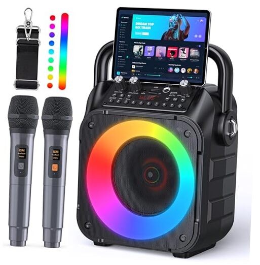 Karaoke Machine, Portable Bluetooth Speaker with 2 Wireless Microphones 2 Mics