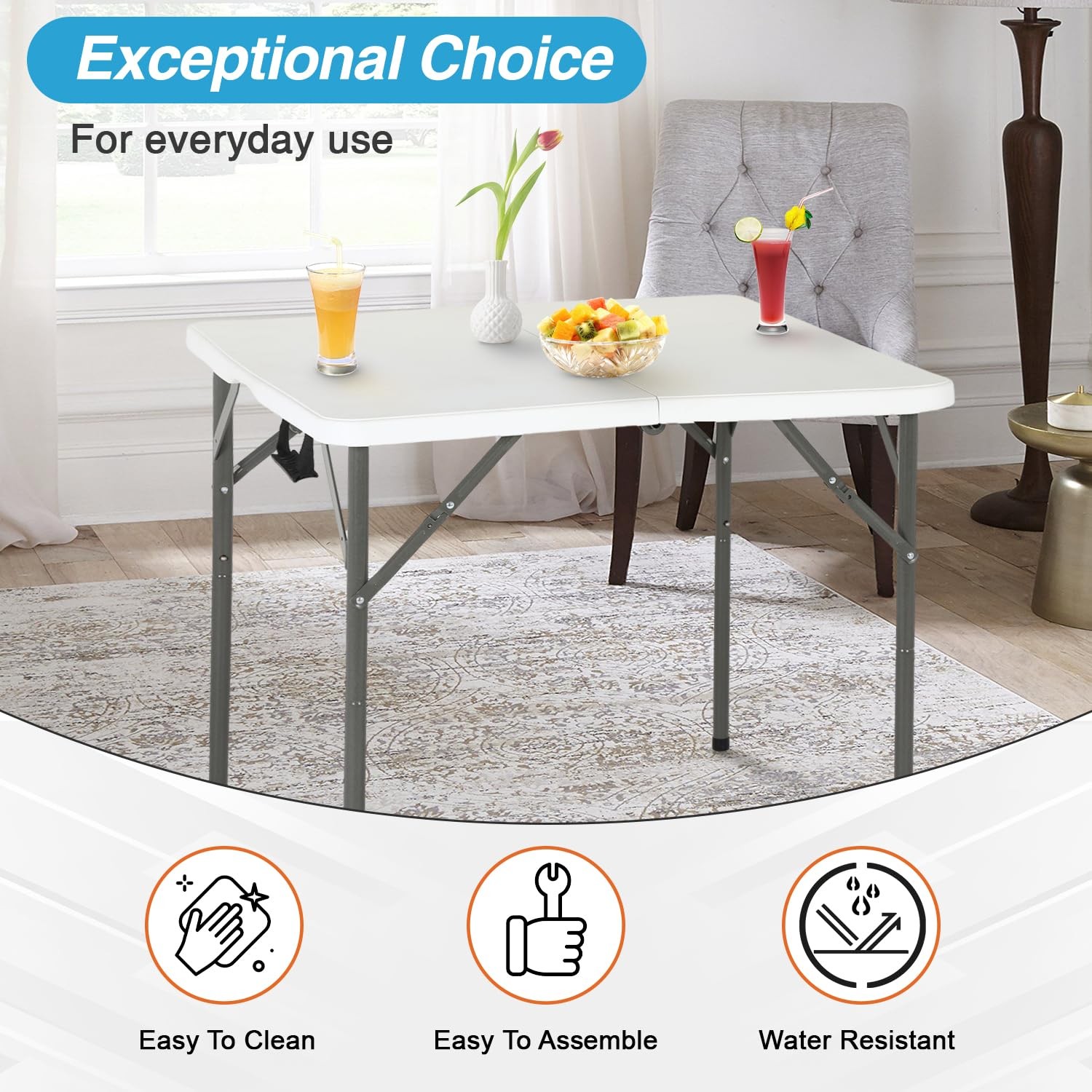 FDW 34" Folding Card Table Plastic, Portable Square Height, 34", White