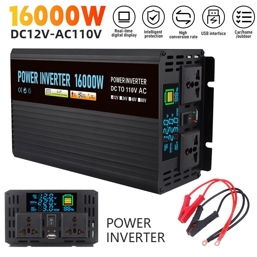 16000W Car Vehicle Power Inverter Converter DC 12V to AC 110V Pure Sine Wave US