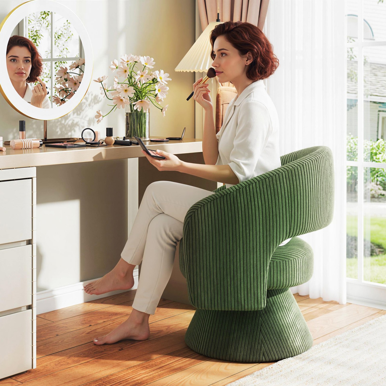 Swivel Barrel Chair, Modern Corduroy Accent Chair with Thick Padding, Green