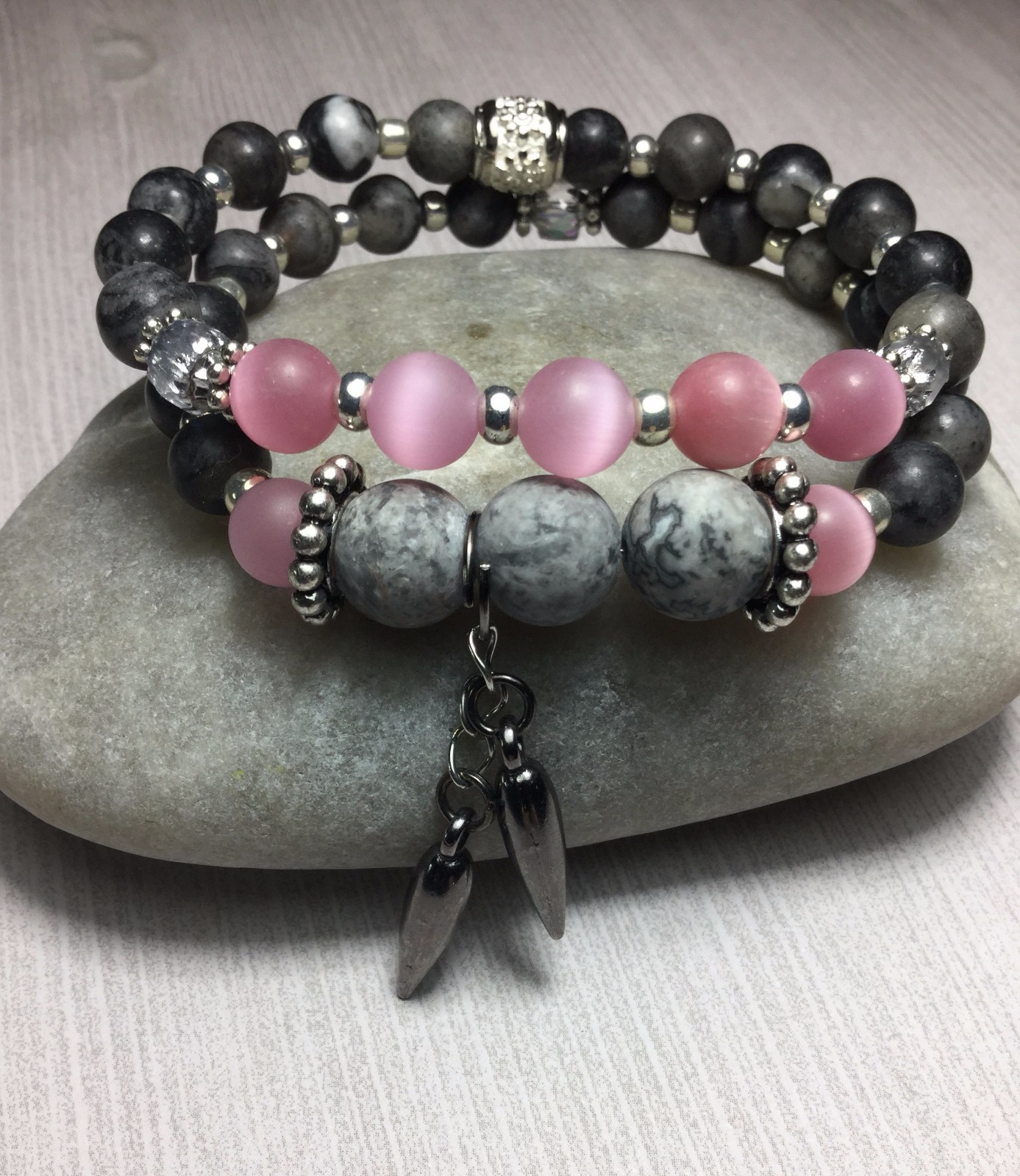 Handmade Healing Gray Agate Pink Cats Eye Gemstone Bracelet Set USA