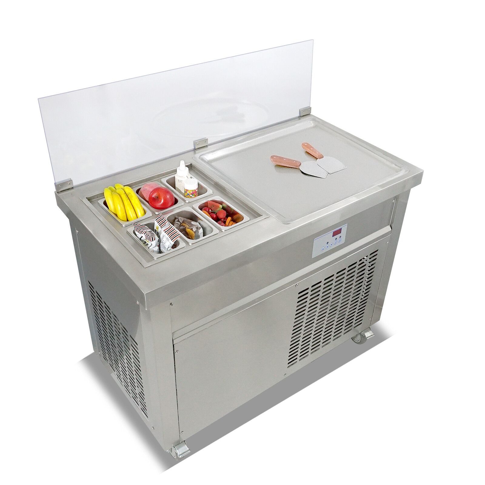 Kolice Commercial roll fried ice ceram machine with 6pcs refrigerated buckets