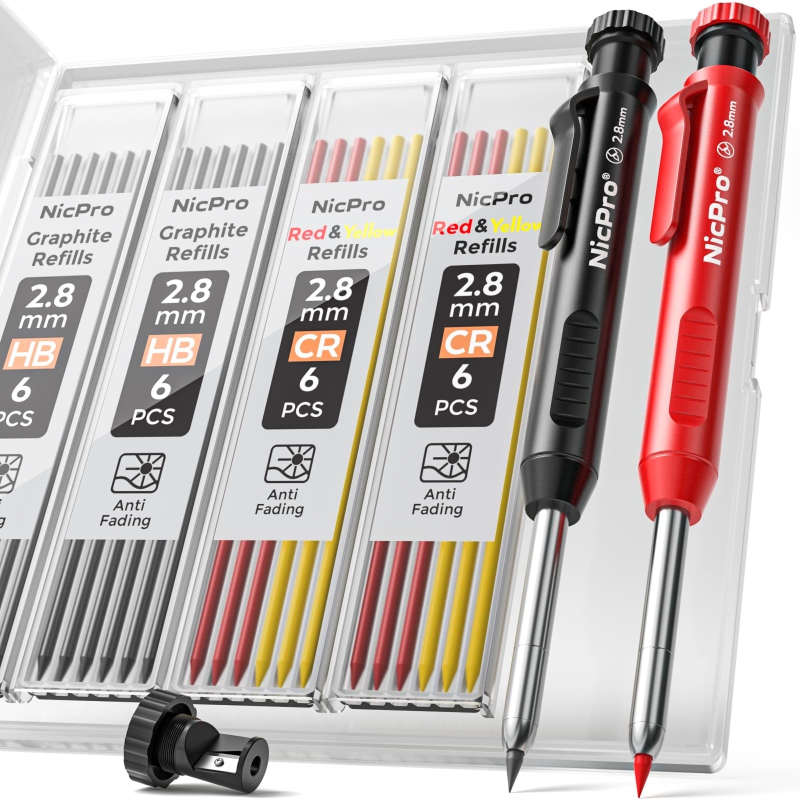 Carpenter Pencil Set with Sharpener & 26 Refills, Deep Hole Marker for Woodworki