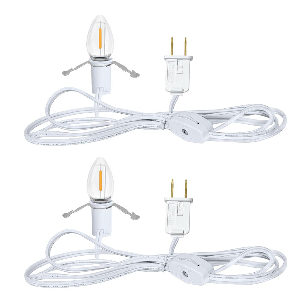 2 Pack 6Ft White Accessory Cord with C7 LED Bulbs, E12 Socket Lamp Cord with On/