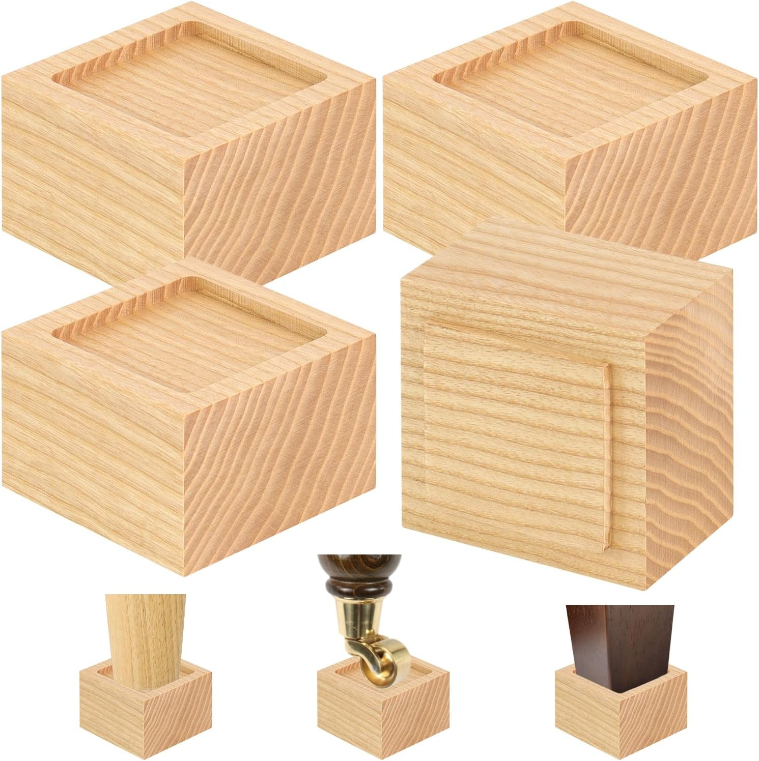 Bed Risers (Set of 4) - Oak Solid Wood Furniture Risers Lifts Height 2" with Non