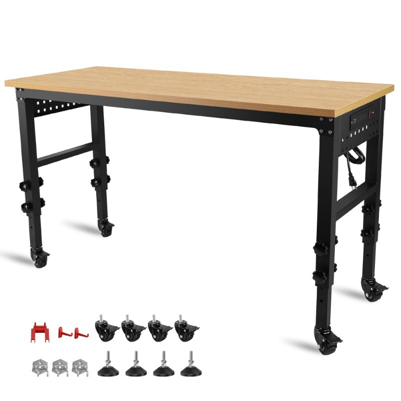 60" Adjustable Workbench w/ Power Outlet Heavy Duty Load Capacity Hardwood Table