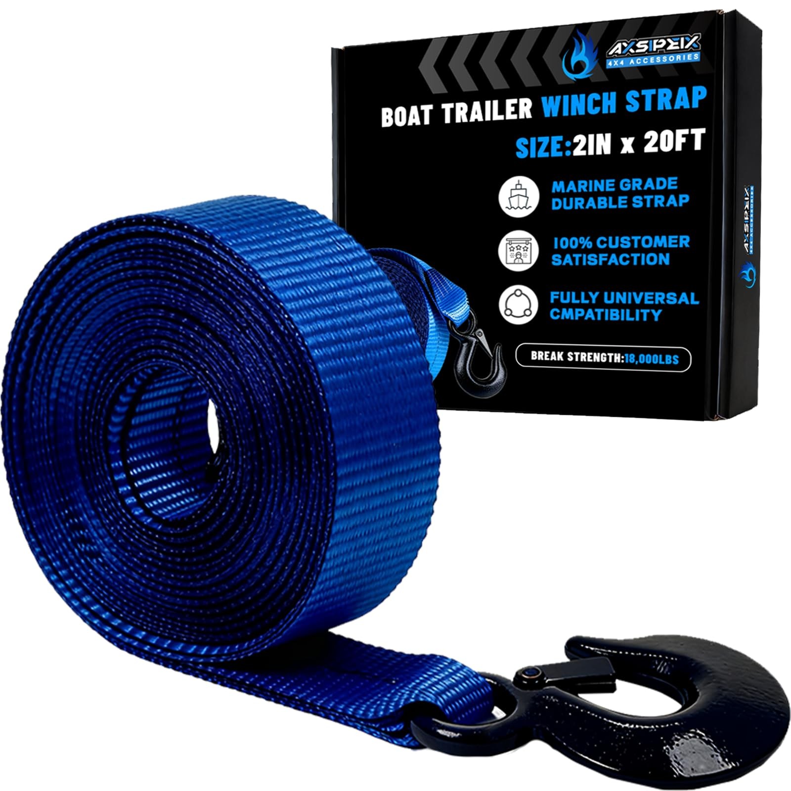 AXSIPEIX Boat Winch Strap with Hook (2" x 20ft) - 18,000lb 2"x20ft-Blue, Blue
