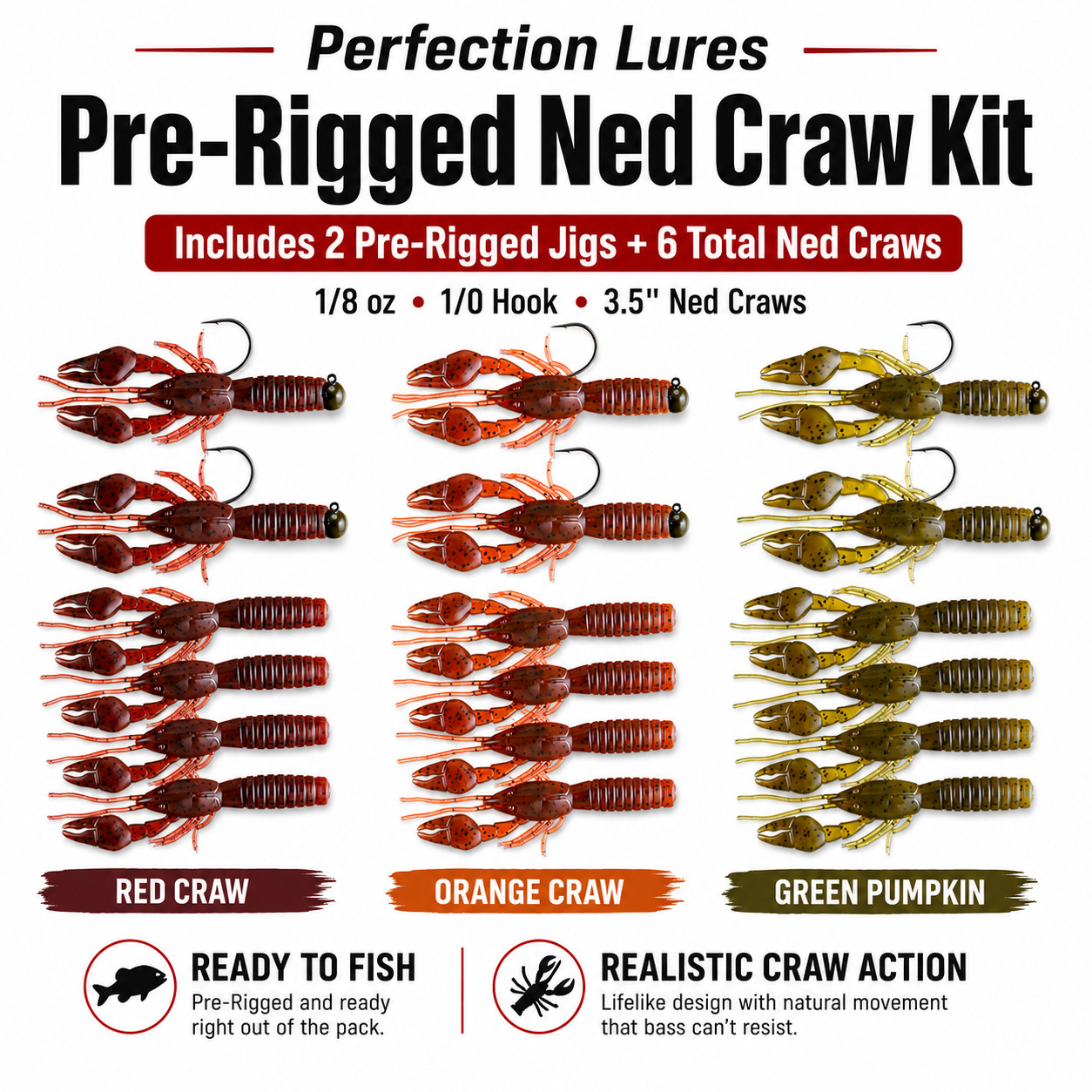 Perfection Lures Pre-Rigged Ned Craw Kit 1/8oz 1/0 Hook 3.5” Craw Bass Fishing
