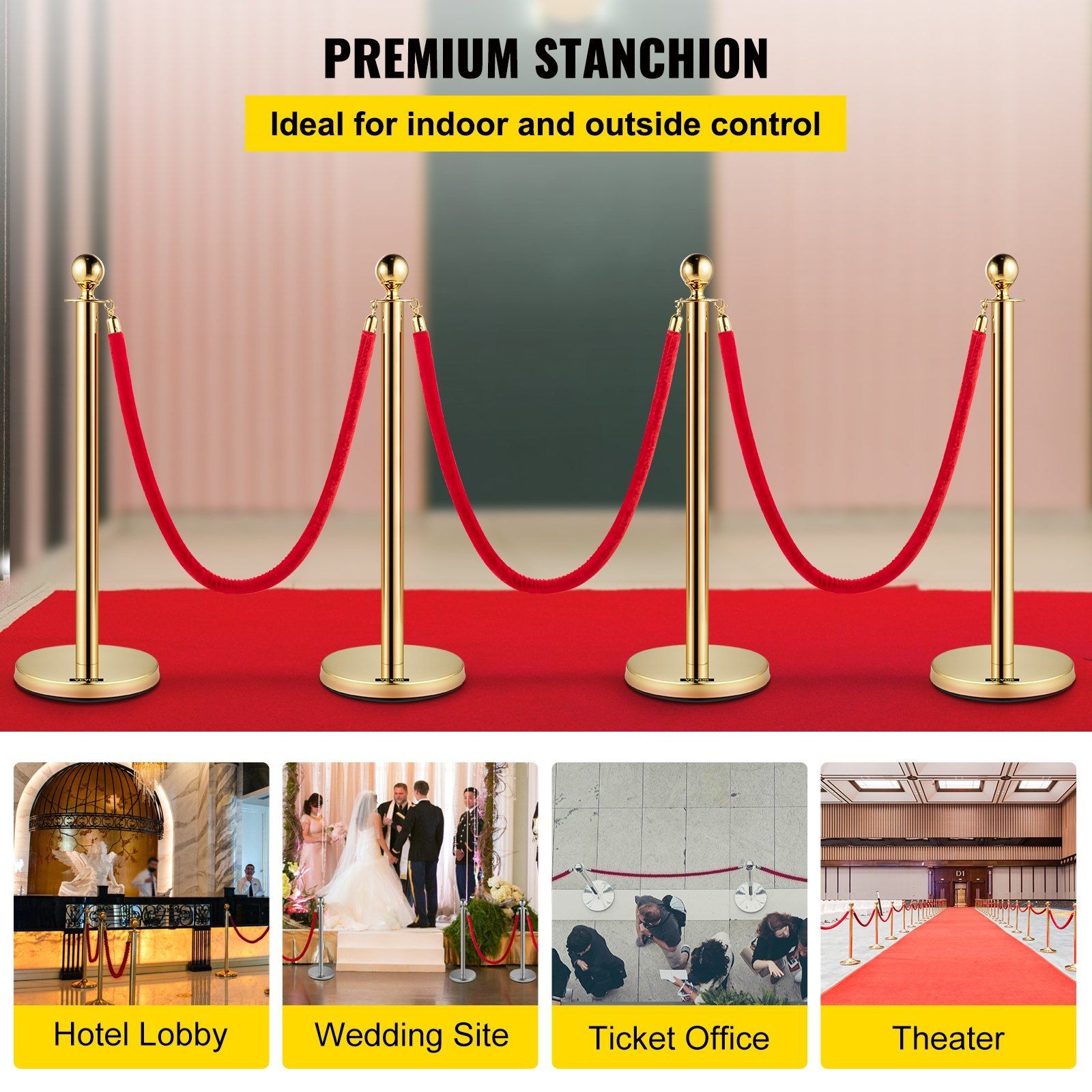 4PCS 38in Red Velvet Rope & Gold Stanchion Posts for Crowd Control