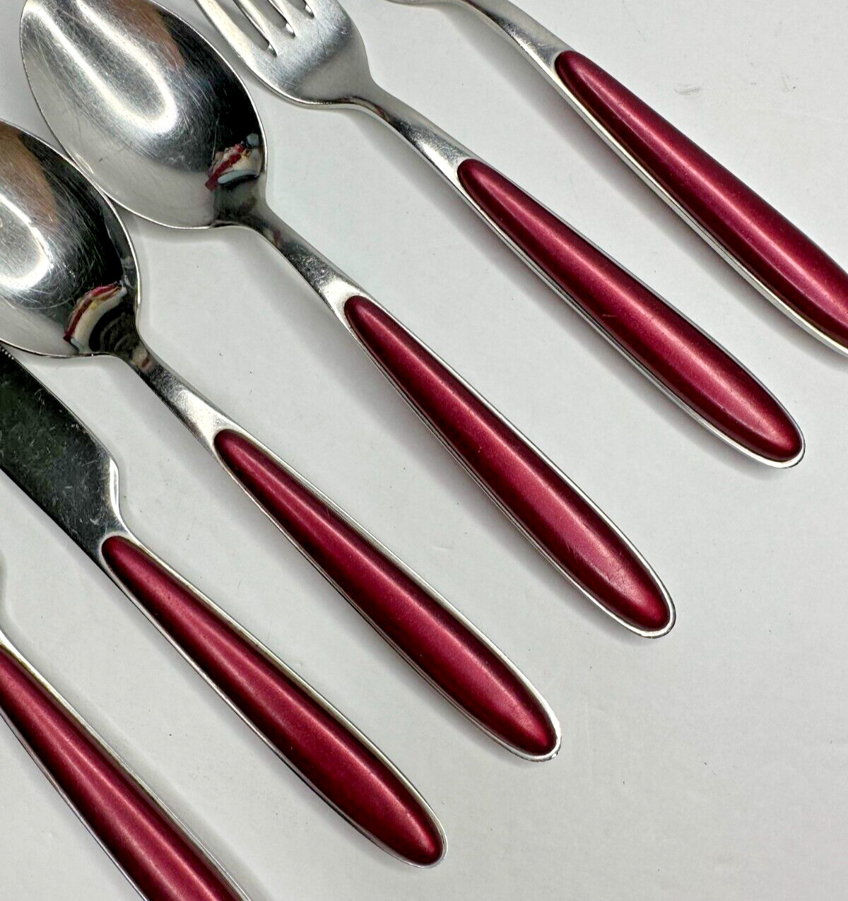 Red handle Stainless Flatware Replacement 6 Pc Pearlized Burgundy Resin