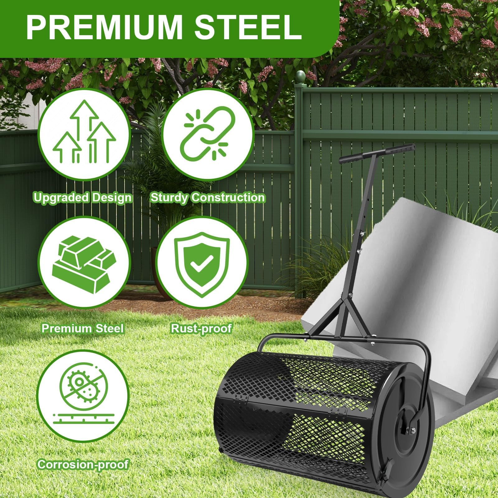Compost Spreader 24 inch Peat Moss Spreader with T-Shaped Handle for Yard