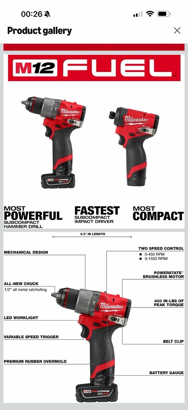 Milwaukee M12 FUEL 12V Brushless Hammer Drill & Impact Driver Kit 2 Batteries