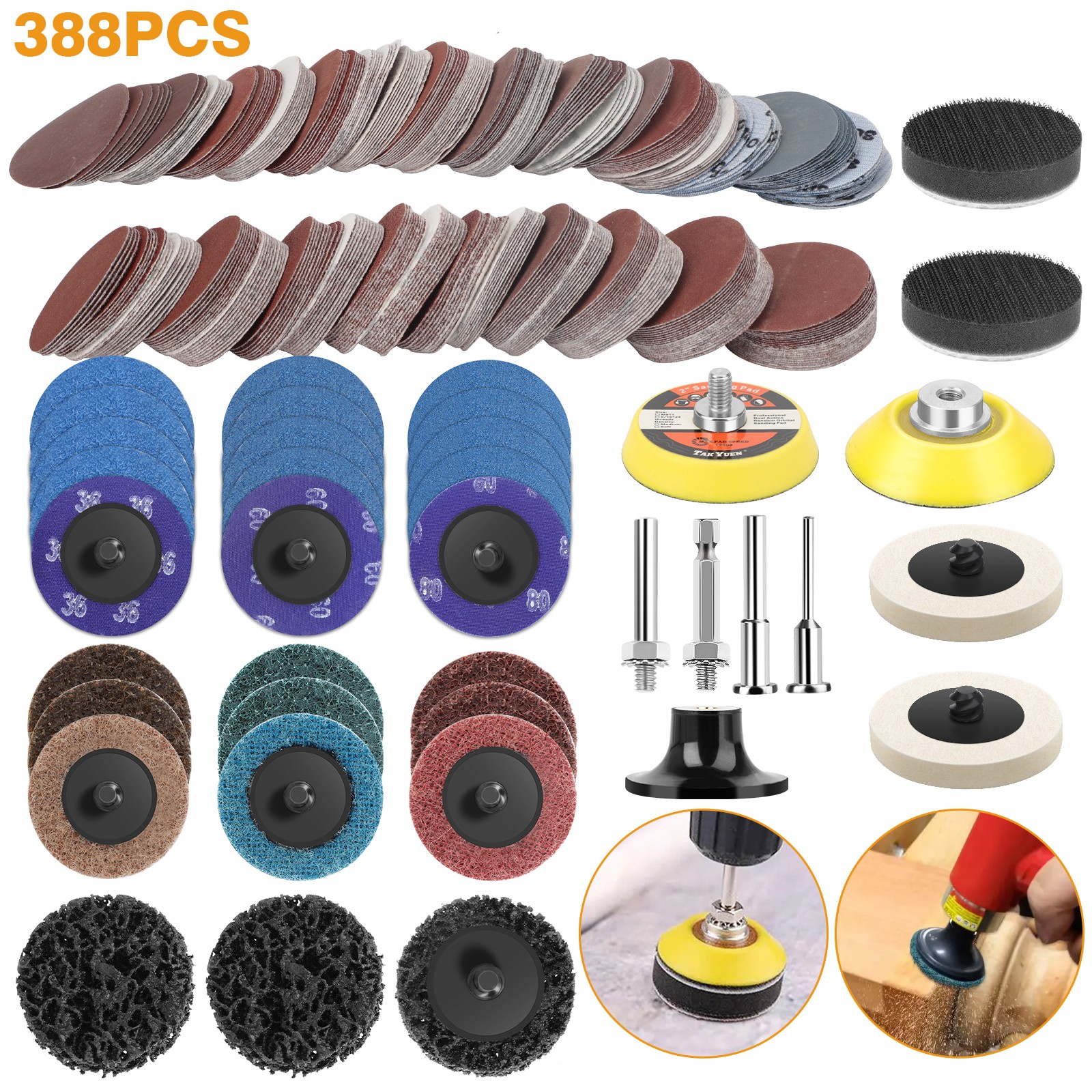 388pcs 2" Sanding Disc Set 80-3000 Grit 1/4" Shank for Drill Die Grinder Rotary