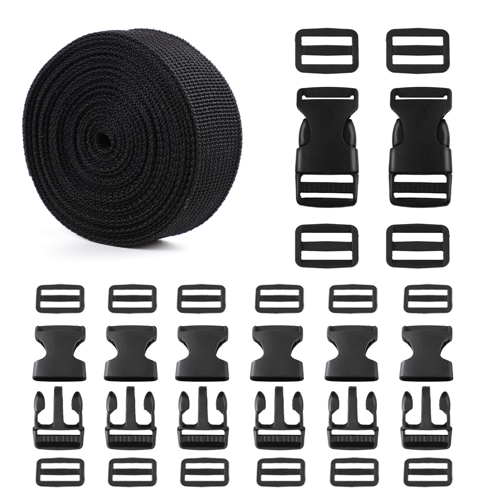 Strap and Buckles kit  18 ft Nylon Webbing 1 inch wide, 8 Pack Quick Release ...