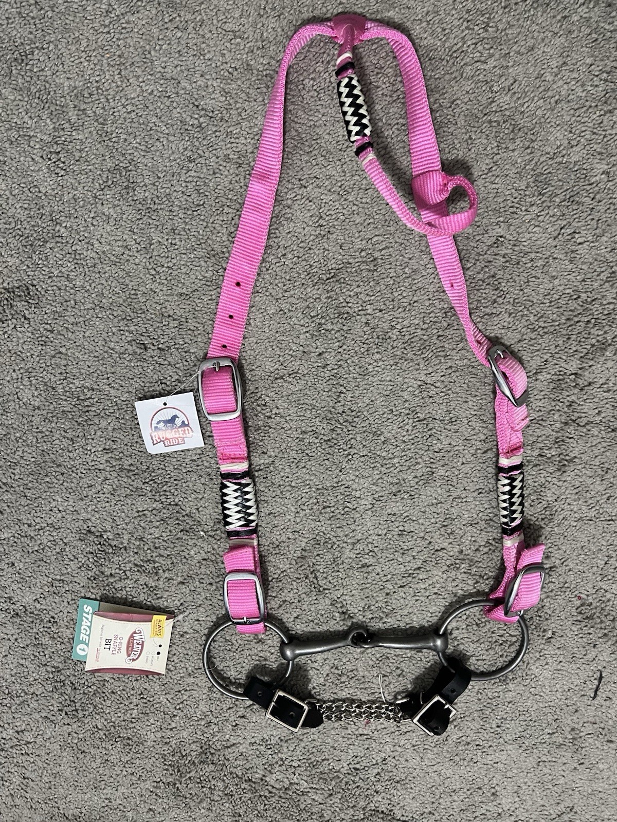 NEW Hot Pink And Rawhide Single Ear Headstall With Snaffle Bit And Curb Chain