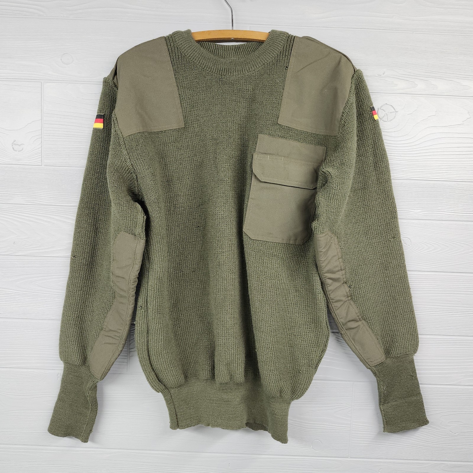 German Military Commando Sweater Pullover Flags Wool Blend H50 Size L Distressed
