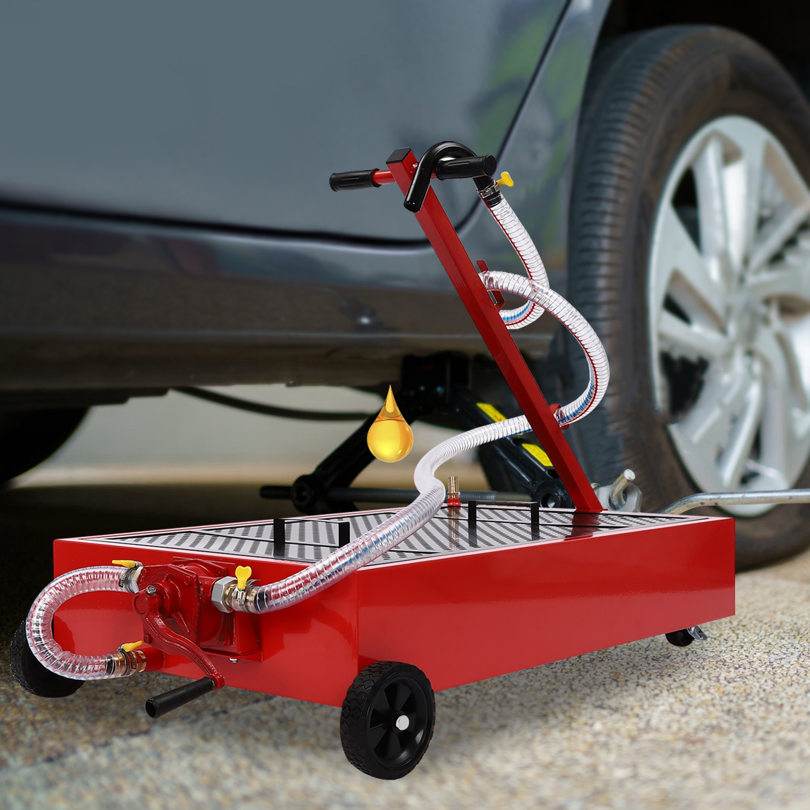 Low Profile Oil Drain Pan 20 Gallon Oil Drain Cart w/ 110W Manual Pump & Hose