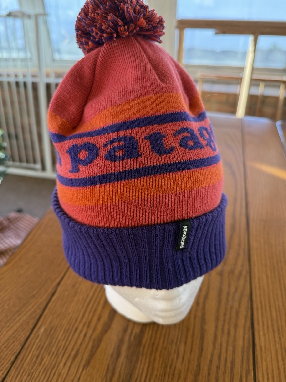 Patagonia Purple & Orange Double Layer Pom Pom Beanie Hat One Size