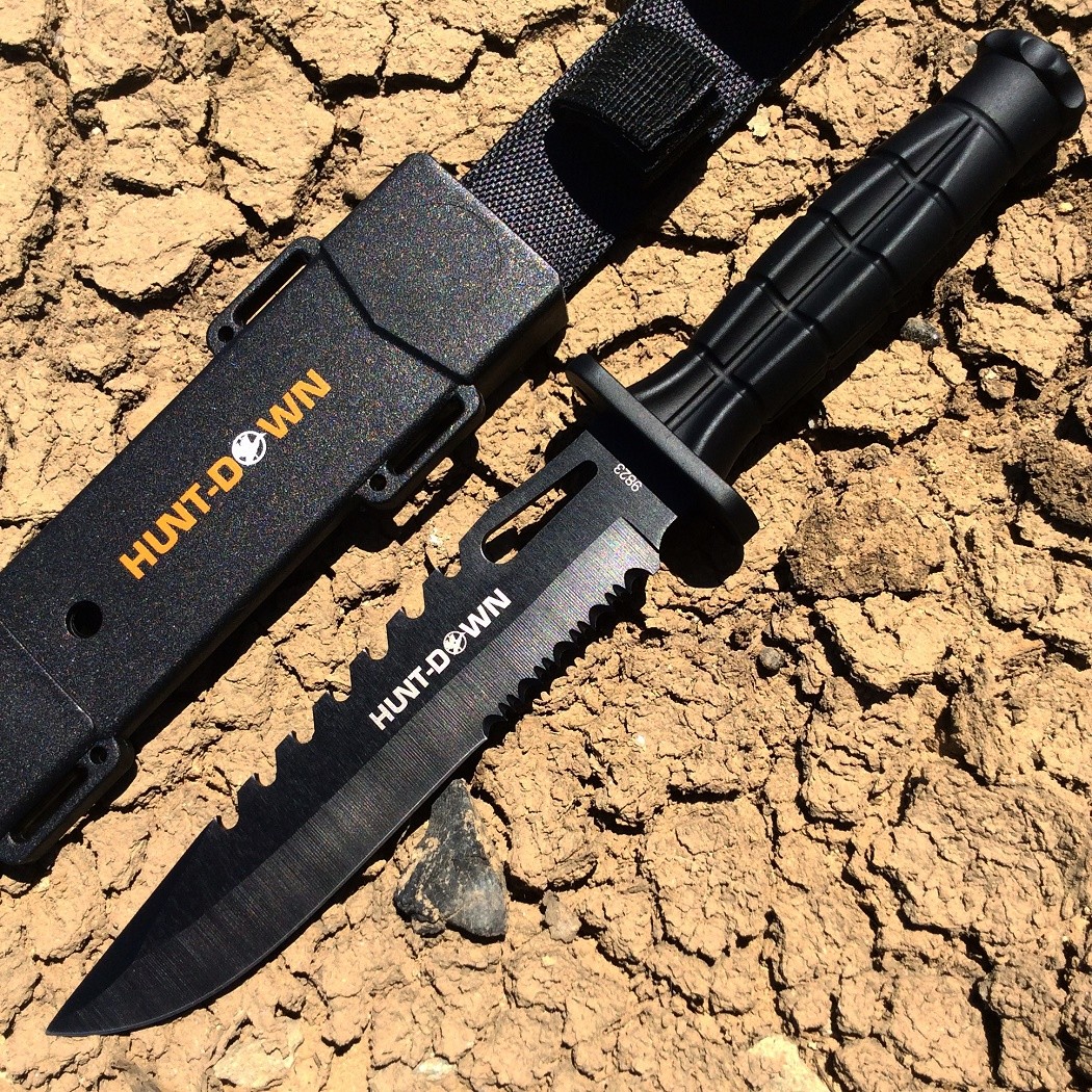 Hunt-Down 13"" Drop Point Hunting Knife with Plastic Sheath Grenade Design Handl