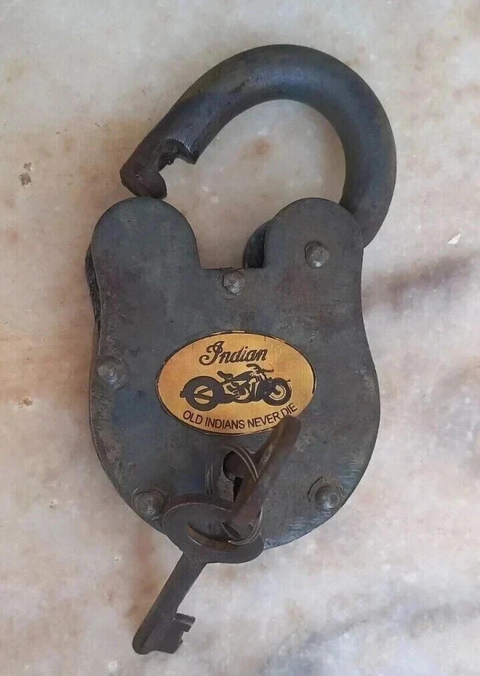 Padlock Old Indians Never Die Cast Iron Lock & Key Antique Brown Old Padlock