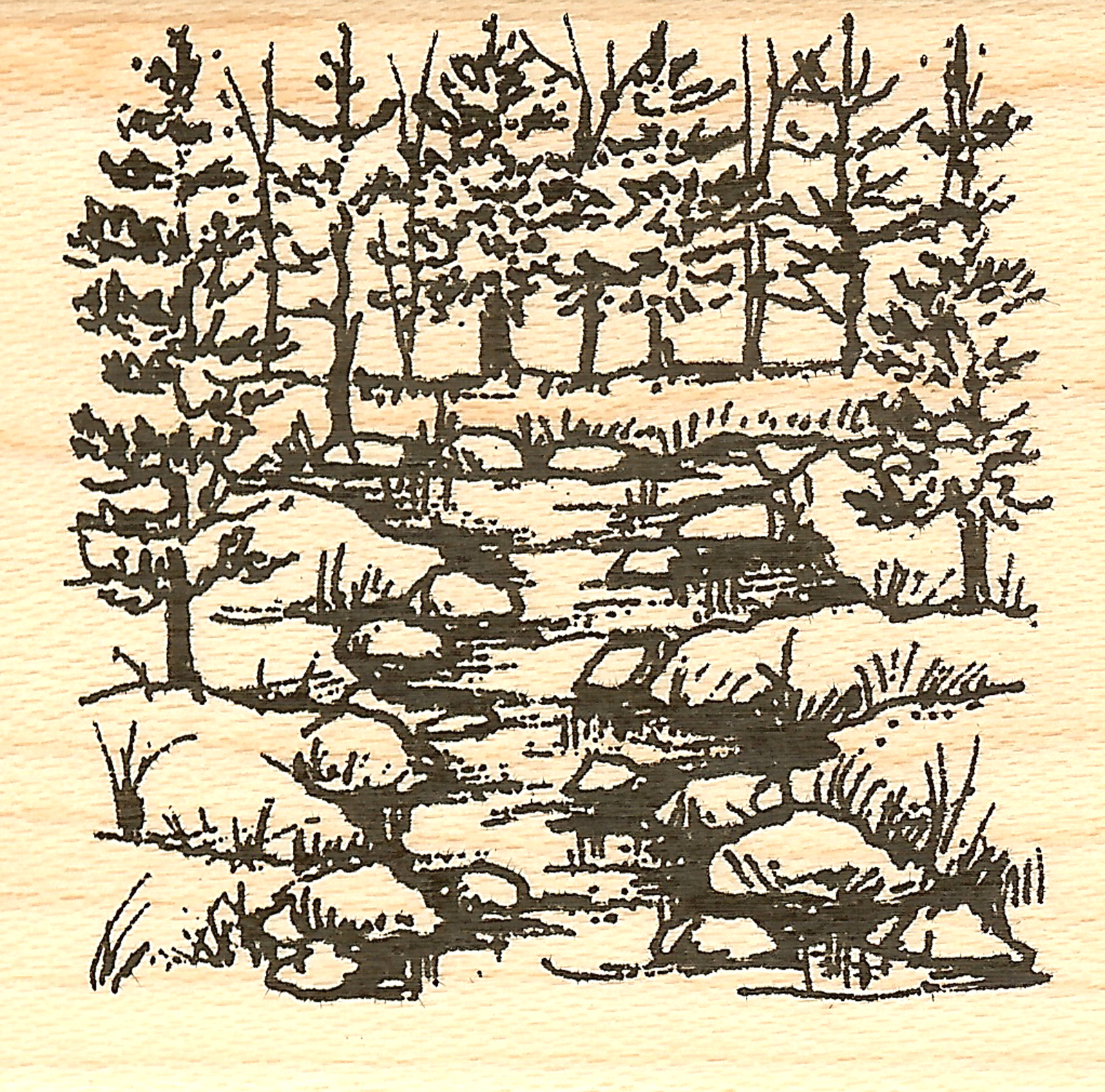 Small Pines And Stream NORTHWOODS Wood Mounted Rubber Stamp NEW C10785