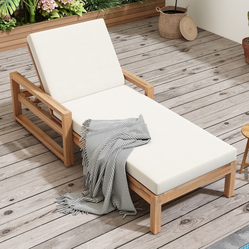 Adjustable Outdoor Lounge Recliner Chair w/Cushion Pool Backyard Deck Lawn Wood