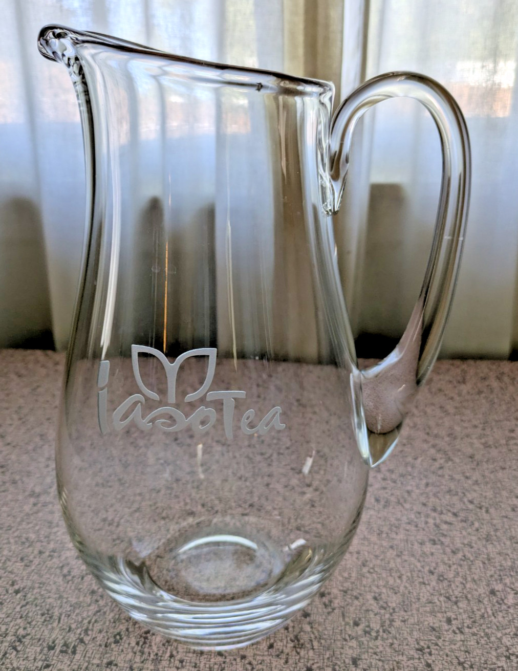 Laso Tea Blown Glass Pitcher. Etched Logo. Heavy. Holds about 2 Quarts Pretty