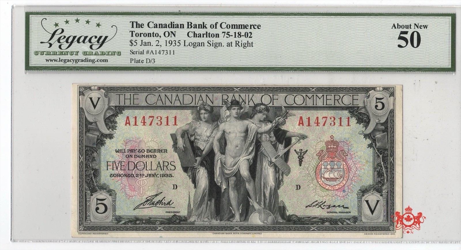 1935 The Canadian Bank Of Commerce 5$ A147311 - Legacy AU50 - 75-18-02
