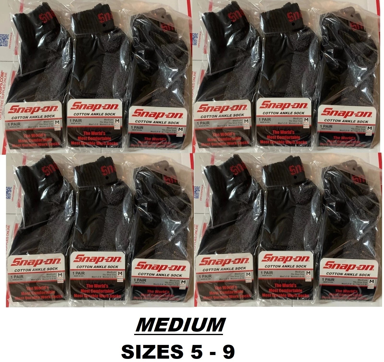 12 PAIRS Men's BLACK Snap-On Ankle Socks MEDIUM *FREE SHIPPING* MADE IN USA *NEW