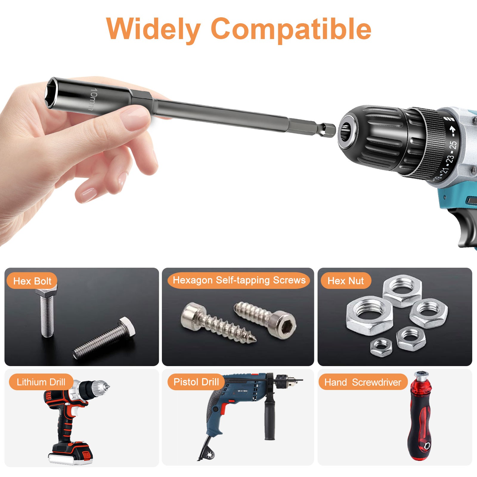 5 x 6–14mm Magnetic Nut Driver Set 1/4" Hex Shank Deep Socket for Drill Impact