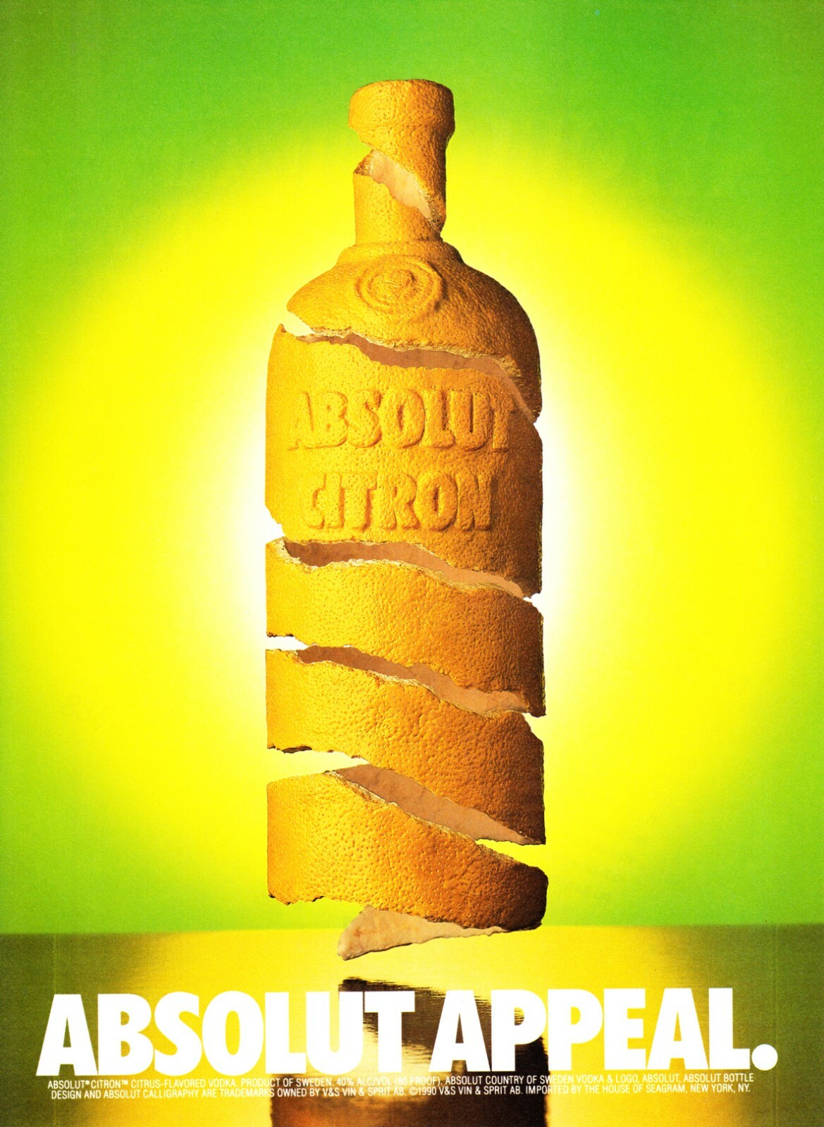 ABSOLUT APPEAL VODKA  AD 1990 VERY RARE OUT OF PRINT YELLOW - GREEN