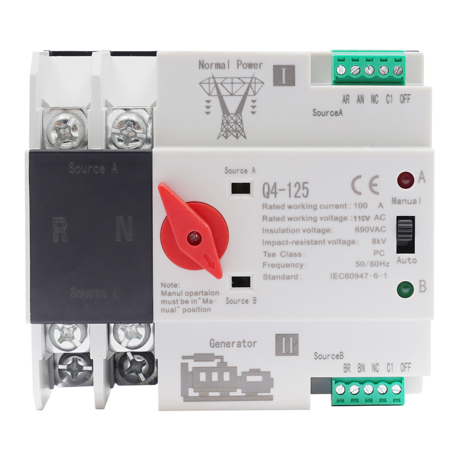 100A Automatic Transfer Switch Dual Power 2P Power Generator Changeover Switch