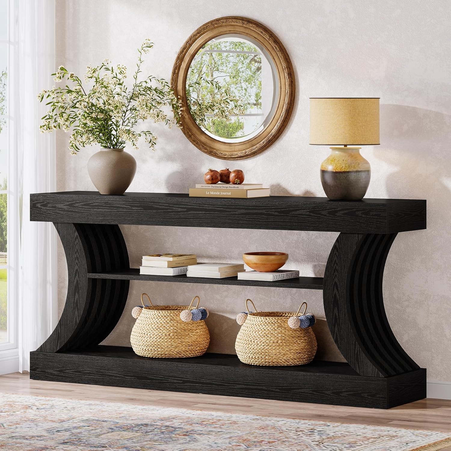 70.9-Inch Long Black Console Table Farmhouse Wooden Entryway Table with Storage