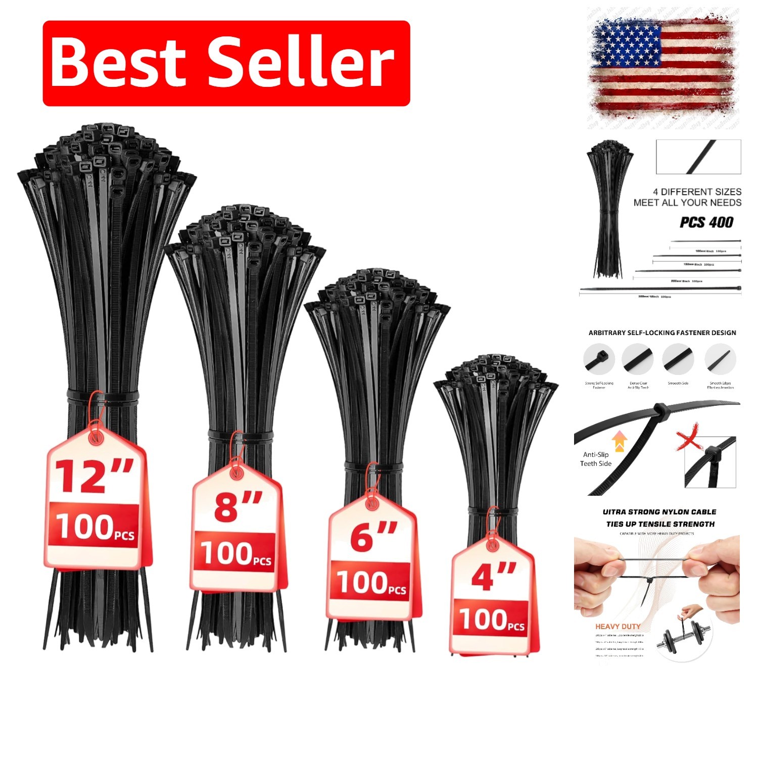 Cable Zip Ties,400 Pack Black Assorted Sizes 12+8+6+4 Inch,Multi-Purpose Self...