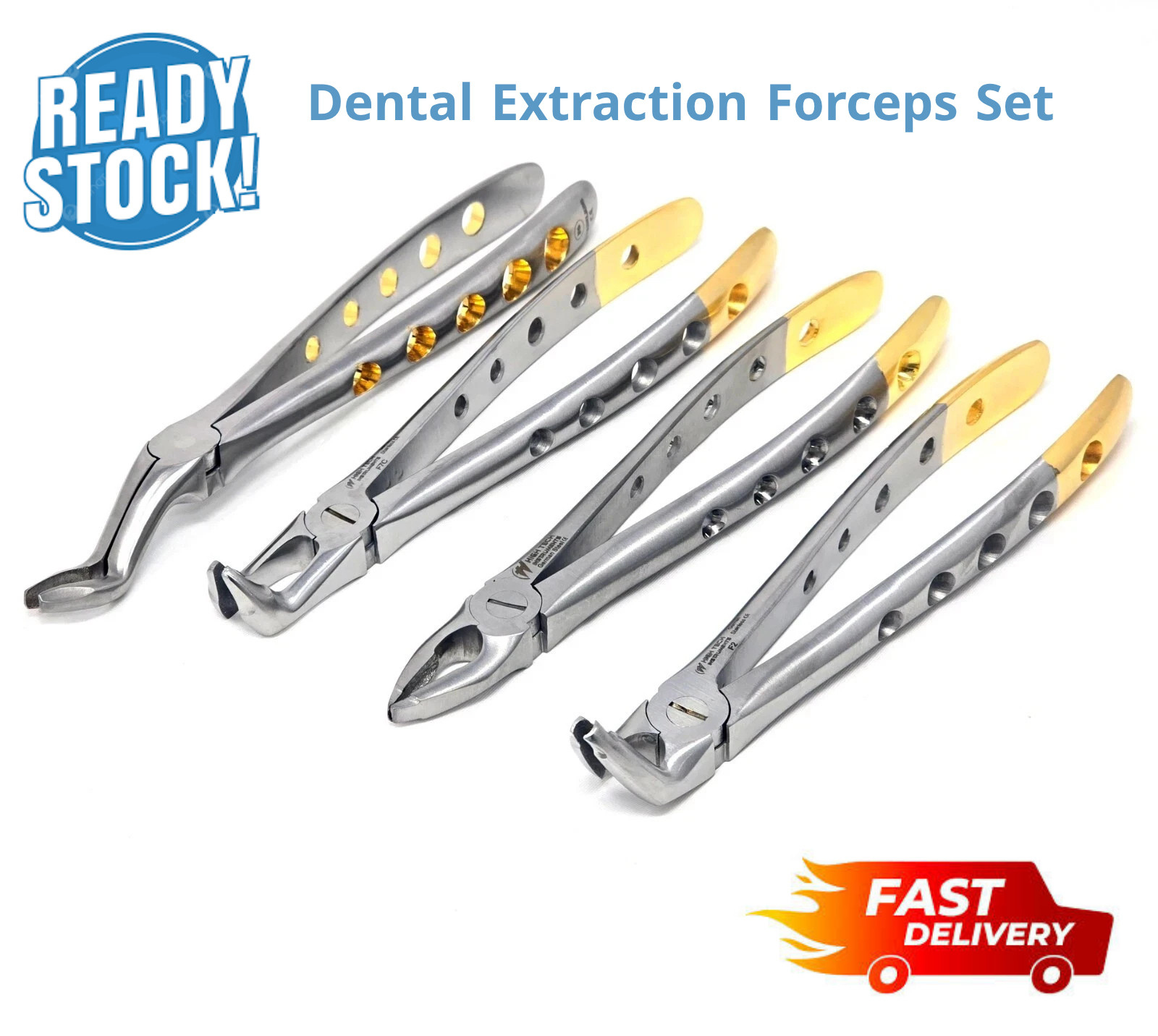 Hu-Friedy Dental Extraction Forceps Set 4pcs Stainless Steel Oral Surgery Gold