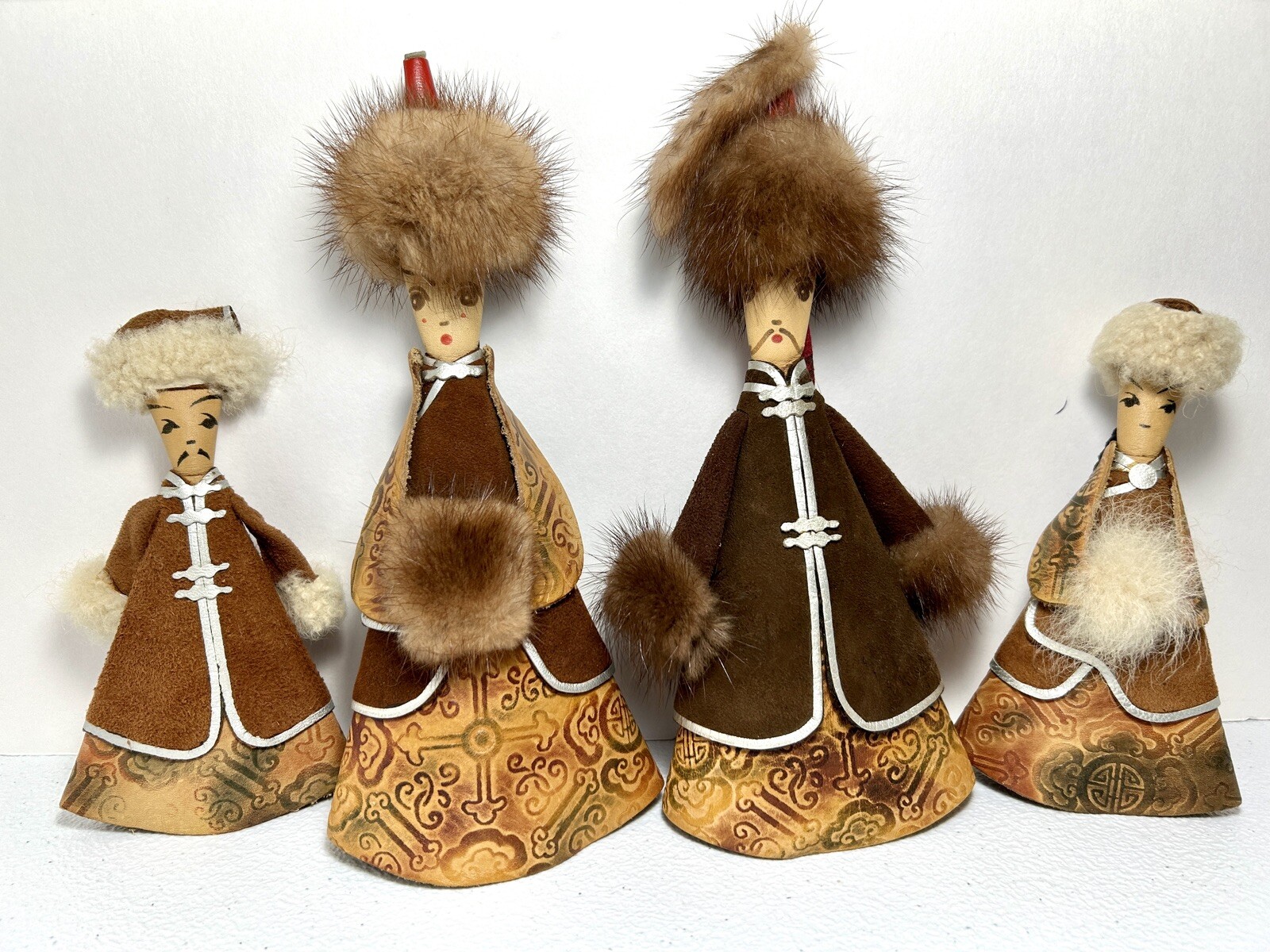 Mongolian Folk Dolls Shelf Sitter Real Leather Skin Fur Felt Handmade Lot Of 4