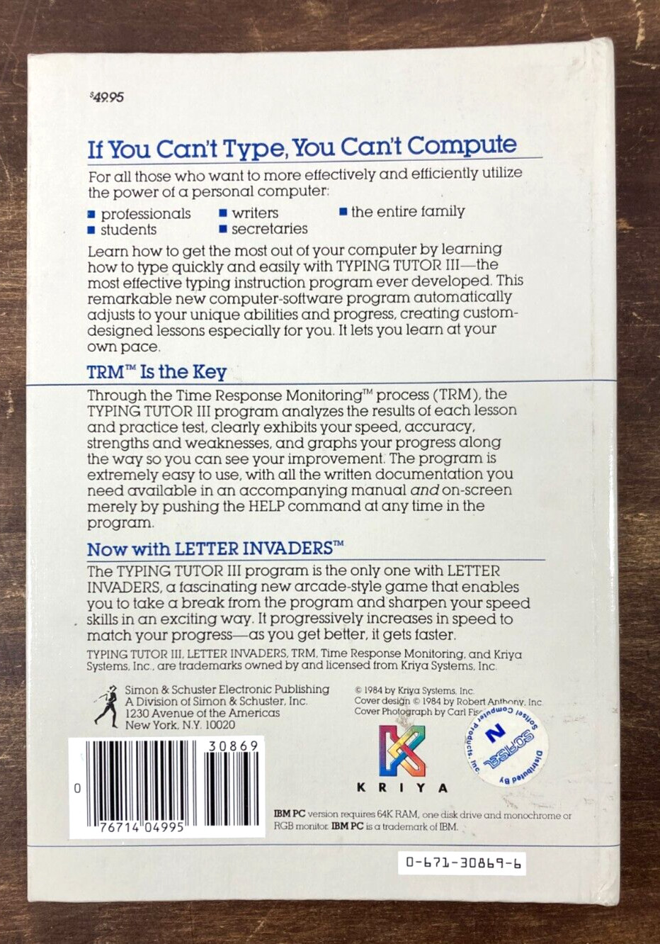 Vintage Typing Tutor III Letter Invaders 1984 IBM PC Software 5.25" Disk Manual