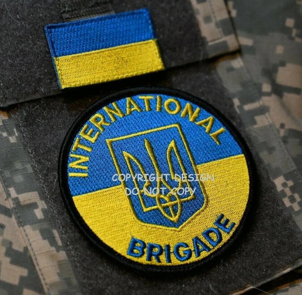 FREEDOM DEFENDER of KYIV vêlkrö UKRAINE 2" FLAG + "INTERNATIONAL BRIGADE" TAB
