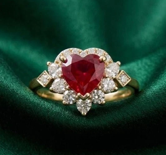 5.85 Ct Natural Heart Cut Ruby & Diamond Engagement Ring 14K Yellow Gold Size 6
