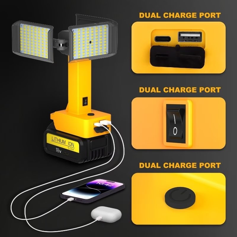 LED Work Light for Dewalt 20V/18V Battery, Cordless 3-Head Adjustable Flashlight