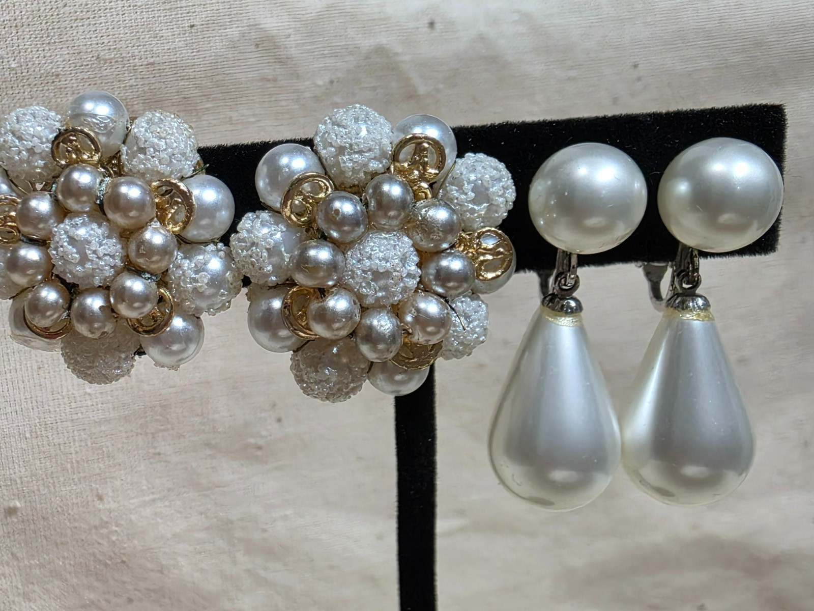 Vintage Clip-on Earrings Two Pair Faux Pearl Marked